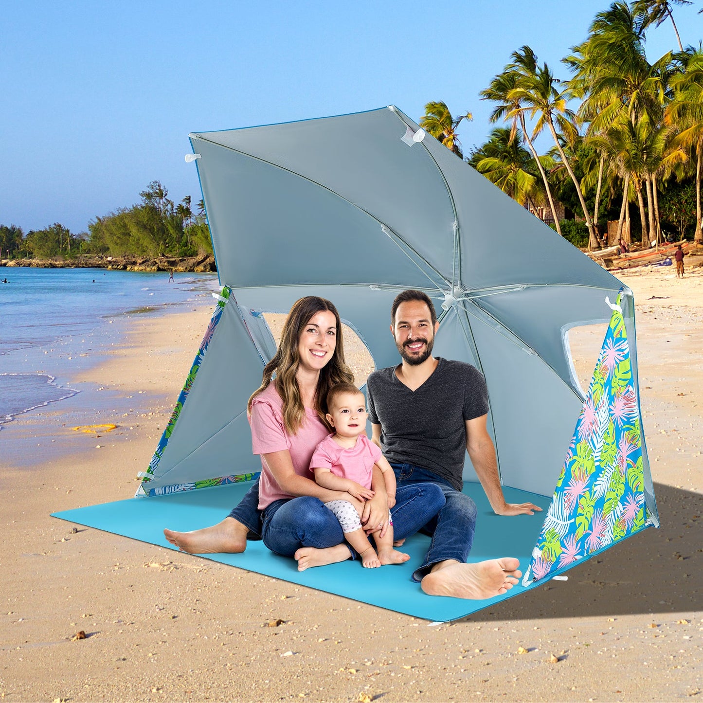 GemGear UPF50+ blue Beach Umbrella Tent with carry bag; family on beach under shade on Tampa Home & Garden Store