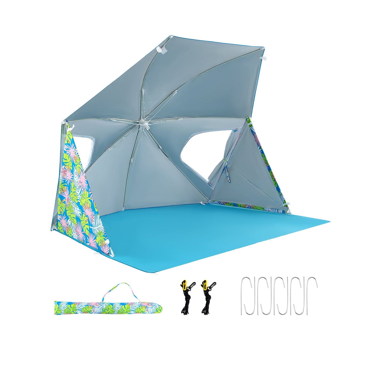 GemGear UPF50+ Beach Umbrella Tent with carry bag blue canopy and tropical side panels on Tampa Home & Garden Store