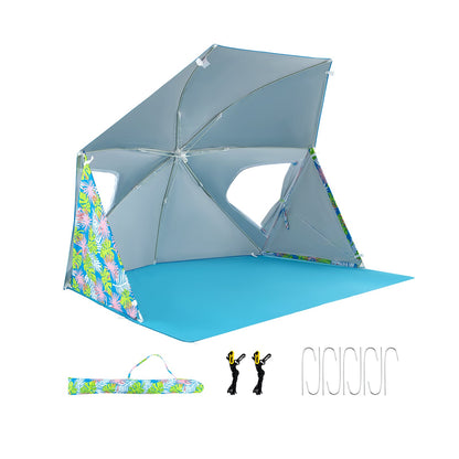 GemGear UPF50+ Beach Umbrella Tent with carry bag blue canopy and tropical side panels on Tampa Home & Garden Store