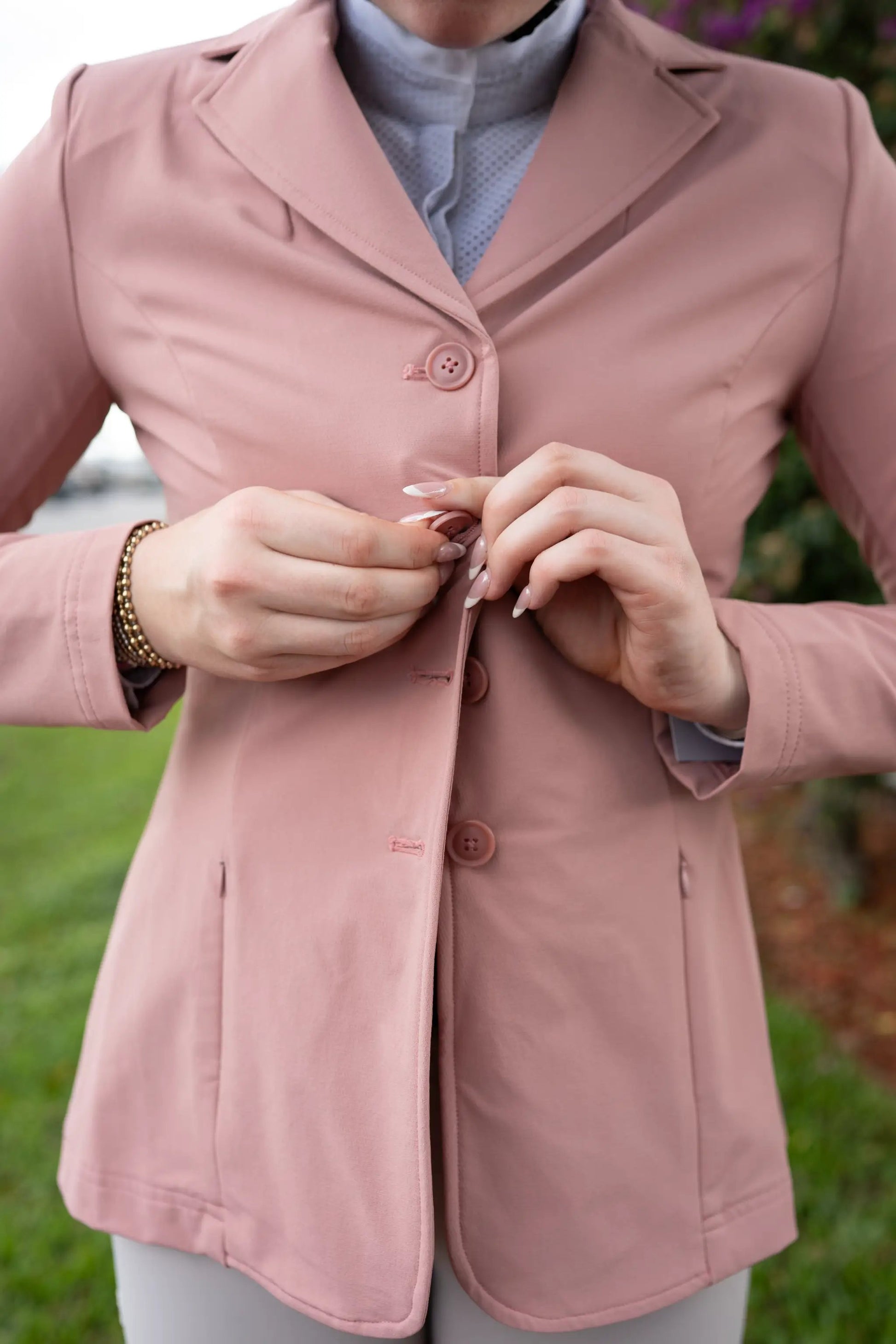 Grand Prix Quinn Show Jacket rose pink with hidden zipper closure Huntley Equestrian on Tampa Home & Garden Store