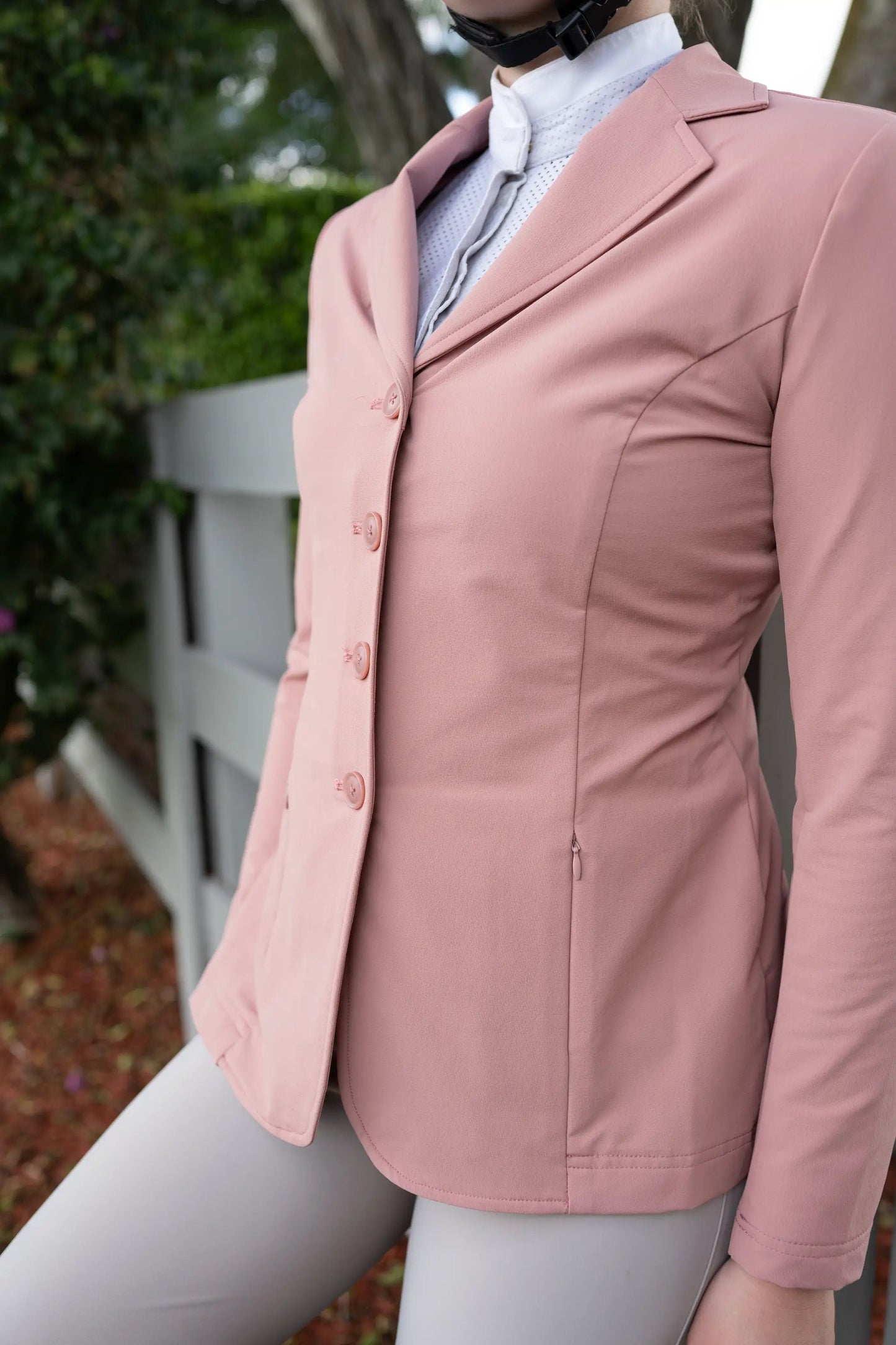 Grand Prix Quinn Show Jacket, Huntley Equestrian, rose pink, 4-button front with hidden zipper on Tampa Home & Garden Store