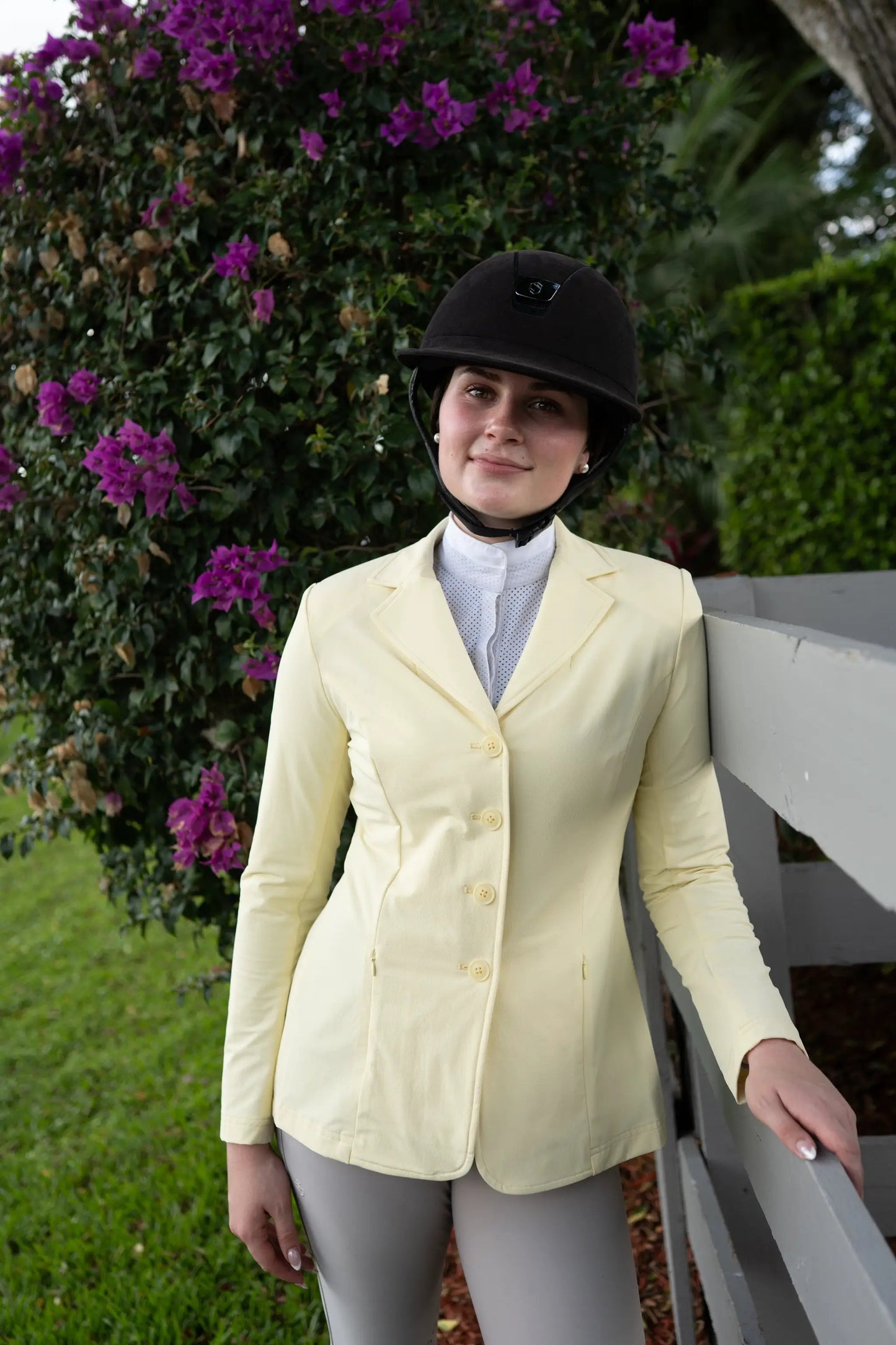 Quinn Show Jacket butter color, four-button front with hidden zipper closure riding apparel on Tampa Home & Garden Store
