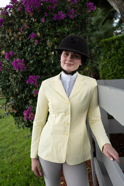 Quinn Show Jacket butter color, four-button front with hidden zipper closure riding apparel on Tampa Home & Garden Store