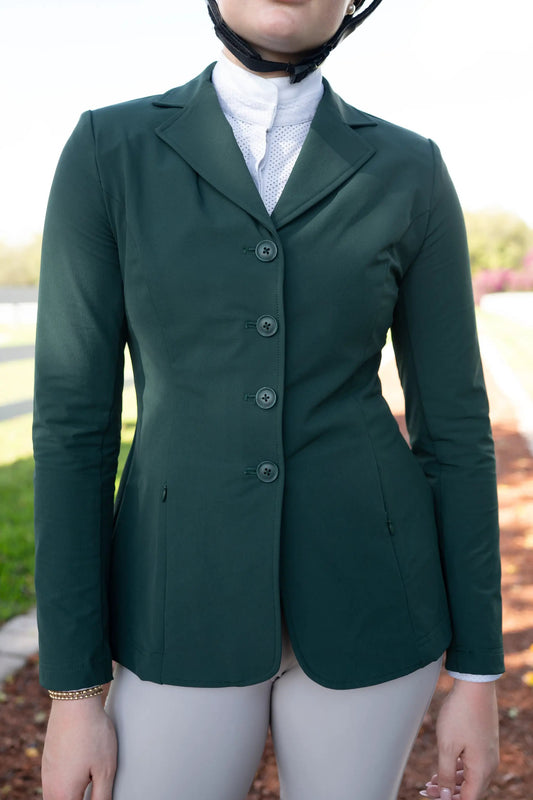 Huntley Equestrian Grand Prix Quinn Show Jacket in green with 4-button front and hidden zipper closure on Tampa Home & Garden Store