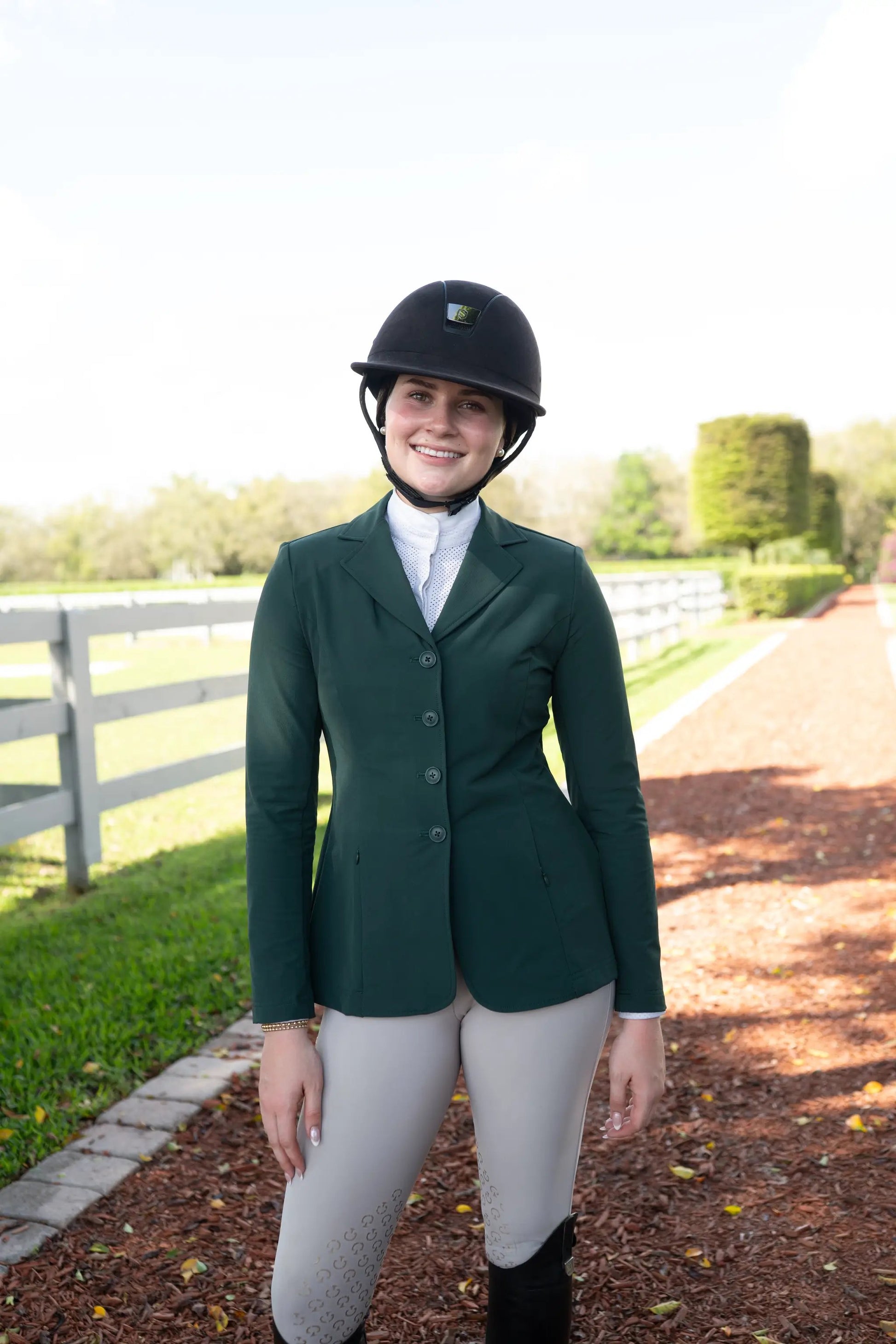 Grand Prix Quinn Show Jacket Huntley Equestrian green, 4-button front with hidden zipper closure on Tampa Home & Garden Store
