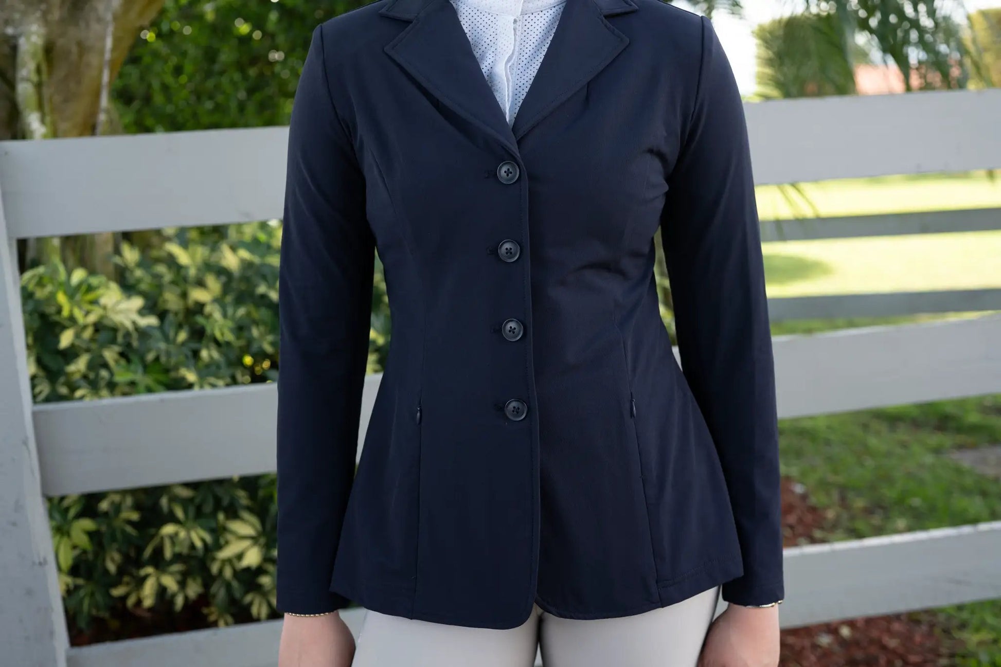 Navy Grand Prix Quinn Show Coat, Huntley Equestrian, 4-button front with hidden zipper on Tampa Home & Garden Store