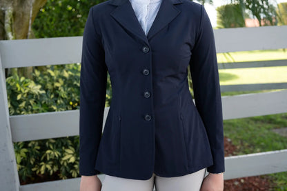 Navy Grand Prix Quinn Show Coat, Huntley Equestrian, 4-button front with hidden zipper on Tampa Home & Garden Store