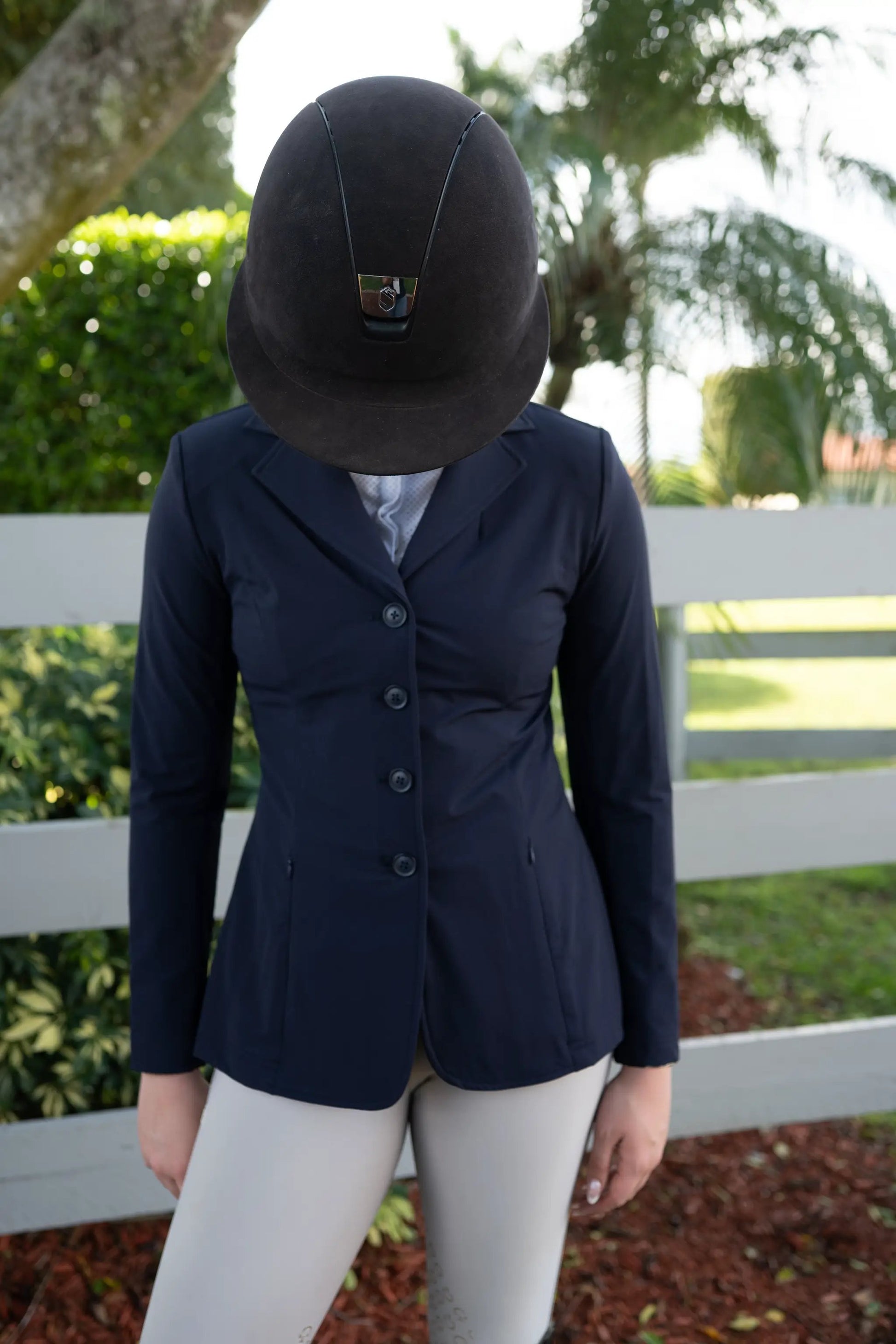 Grand Prix Quinn show coat by Huntley Equestrian, navy, 4-button front with hidden zipper on Tampa Home & Garden Store