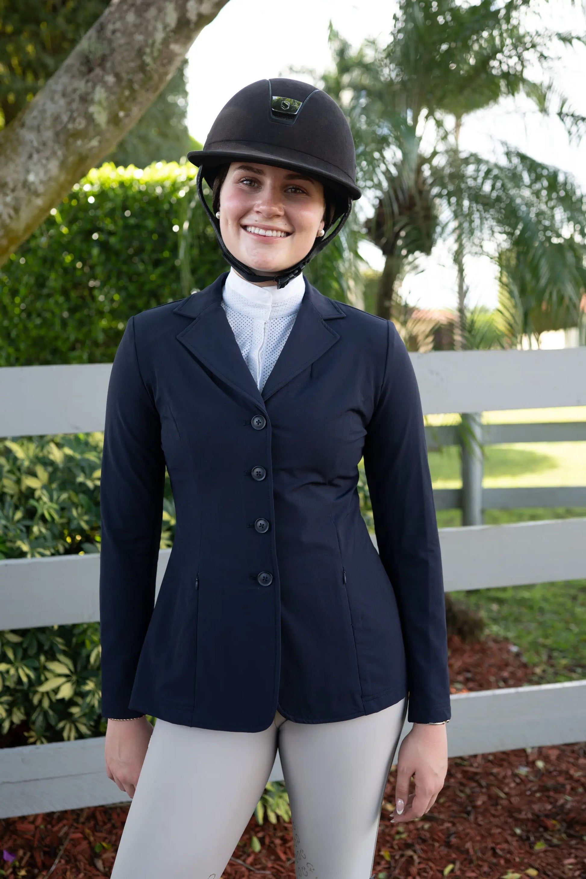 Grand Prix Quinn Show Coat by Huntley Equestrian in navy, 4-button front with hidden zipper on Tampa Home & Garden Store