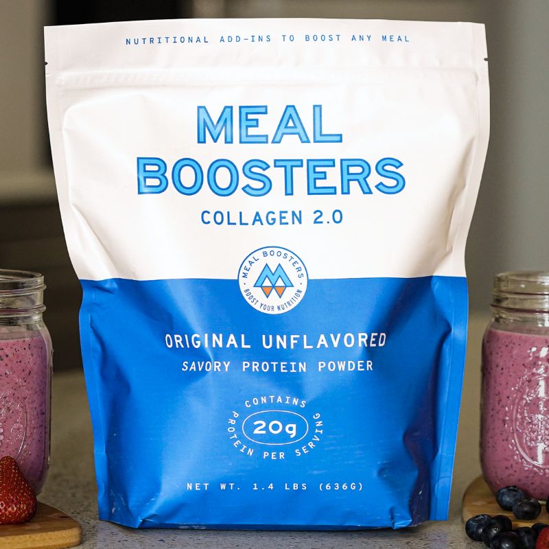 Meal Boosters collagen protein powder bag on white and blue pouch with logo, two jars nearby on Tampa Home & Garden Store
