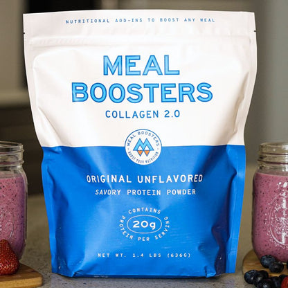 Meal Boosters collagen protein powder bag on white and blue pouch with logo, two jars nearby on Tampa Home & Garden Store