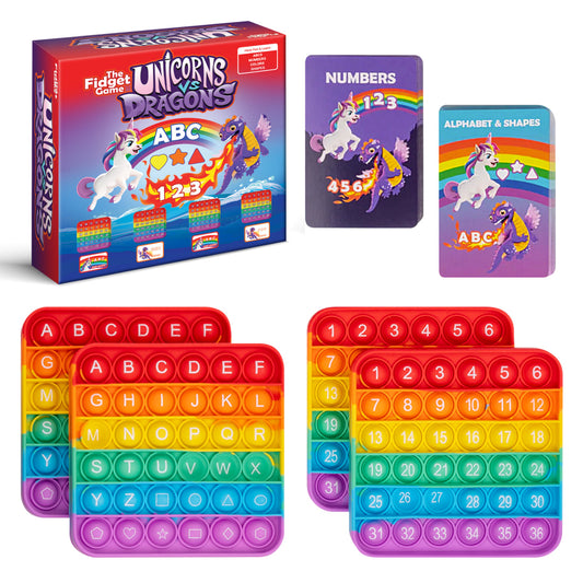 Unicorns vs Dragons educational toy set; two rainbow pop-it plates and alphabet numbers cards on Tampa Home & Garden Store