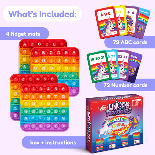 Unicorns Vs. Dragons toy by The Fidget Games with 4 rainbow fidget mats and ABC cards on Tampa Home & Garden Store