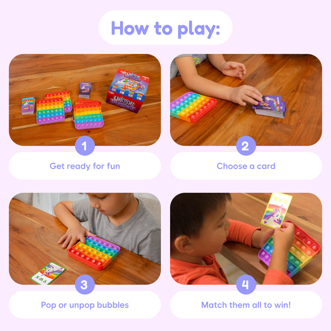 Unicorns Vs Dragons educational toy by The Fidget Games with rainbow pop-it mats and card deck on Tampa Home & Garden Store