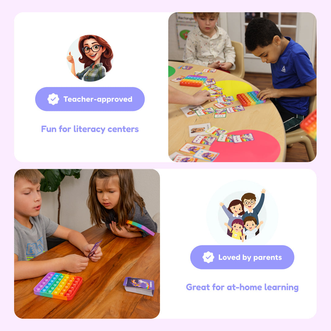 Unicorns Vs. Dragons! by The Fidget Games; colorful literacy cards and rainbow pop-it on Tampa Home & Garden Store