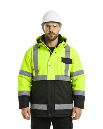 Kiwi High Visibility Hooded & Quilt Lined ANSI/ISEA 107-2020, Type R, Class 3 Two Tone Water Resistant Neon Safety Jacket [71300]