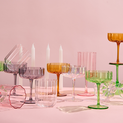 Set of Two Pink Flower Wave Stemmed Wine Glasses