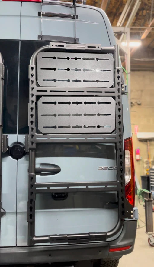 Avatar Modular Massif Molle Panel Mount with dual gray MOLLE panels on back of van on Tampa Home & Garden Store