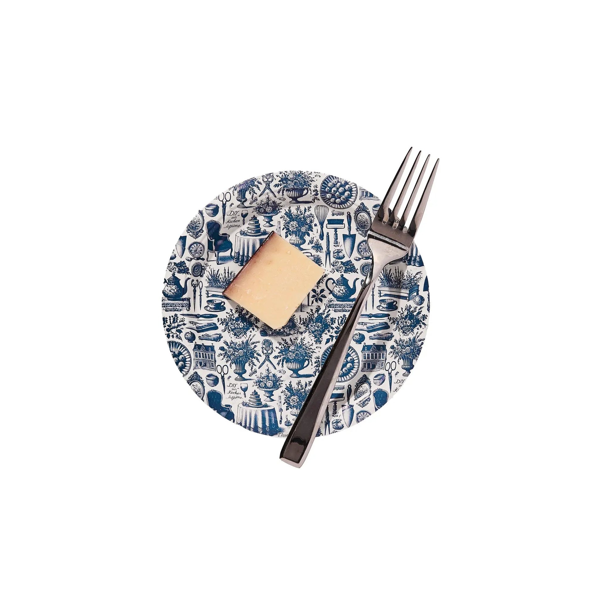 Mini navy and white Martha Toile plates with fork and cheese on white background on Tampa Home & Garden Store