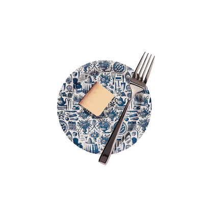 Mini navy and white Martha Toile plates with fork and cheese on white background on Tampa Home & Garden Store