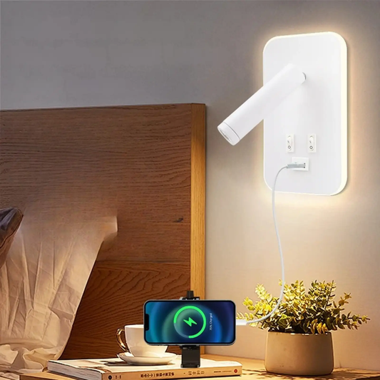 Bedside LED wall reading lamp with USB port, white rotatable arm on rounded wall plate on Tampa Home & Garden Store