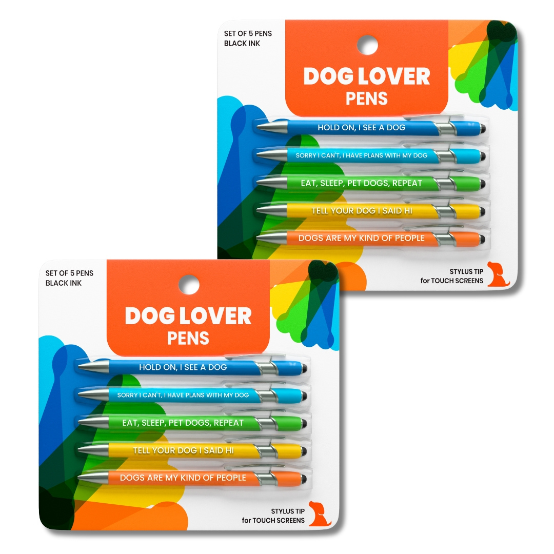 Dog Lover pen set 2-pack in rainbow packaging; Rubyloo stylus pens in blue, green, yellow on Tampa Home & Garden Store