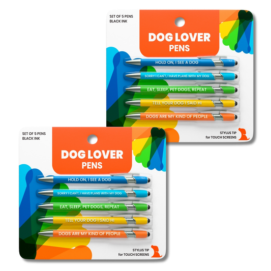 Dog Lover pen set 2-pack in rainbow packaging; Rubyloo stylus pens in blue, green, yellow on Tampa Home & Garden Store