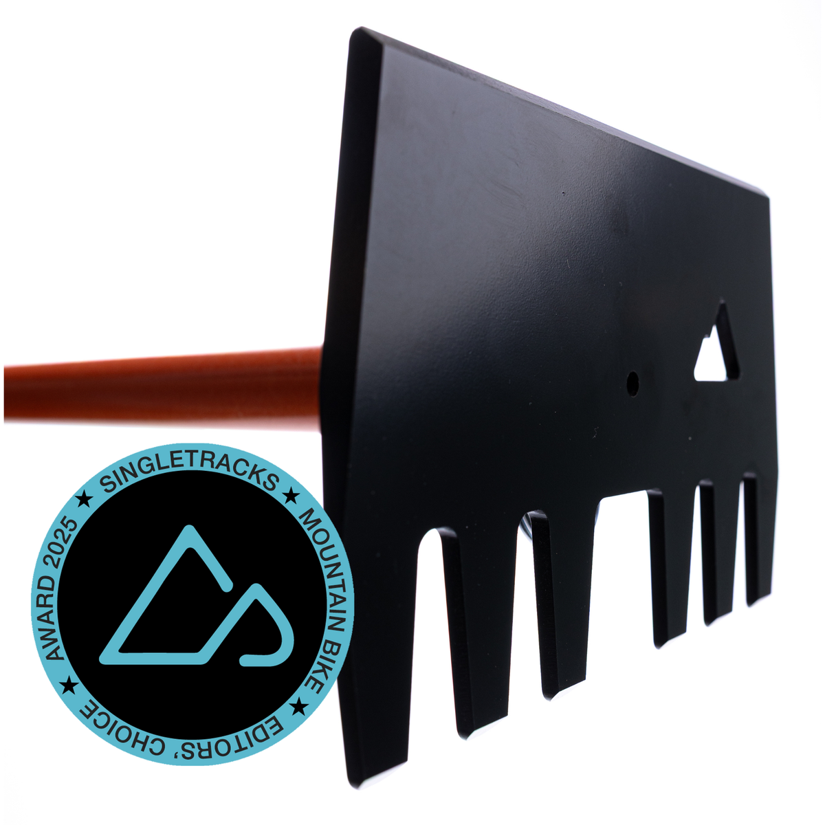 Clyde Jr rake head by Backslope Tools, black metal head with orange wooden handle visible on Tampa Home & Garden Store