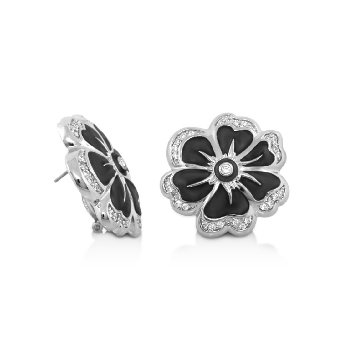 Daisy Swirl Earrings Pavé Edge Flower Stud, black enamel petals with silver-tone pavé edge on Tampa Home & Garden Store