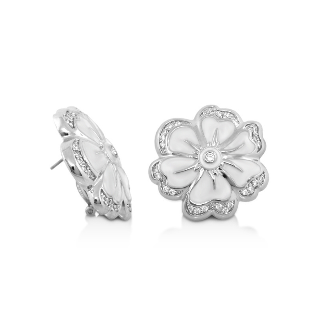 Daisy Swirl Flower Stud earrings, silver button-style pavé-edge petals, pair on Tampa Home & Garden Store