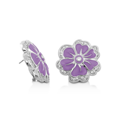 Daisy Swirl Earrings Pavé Edge Flower Stud purple enamel petals in silver-tone setting on Tampa Home & Garden Store