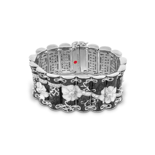Daisy Swirl Bangle silver bracelet with white daisies on black enamel panels on Tampa Home & Garden Store