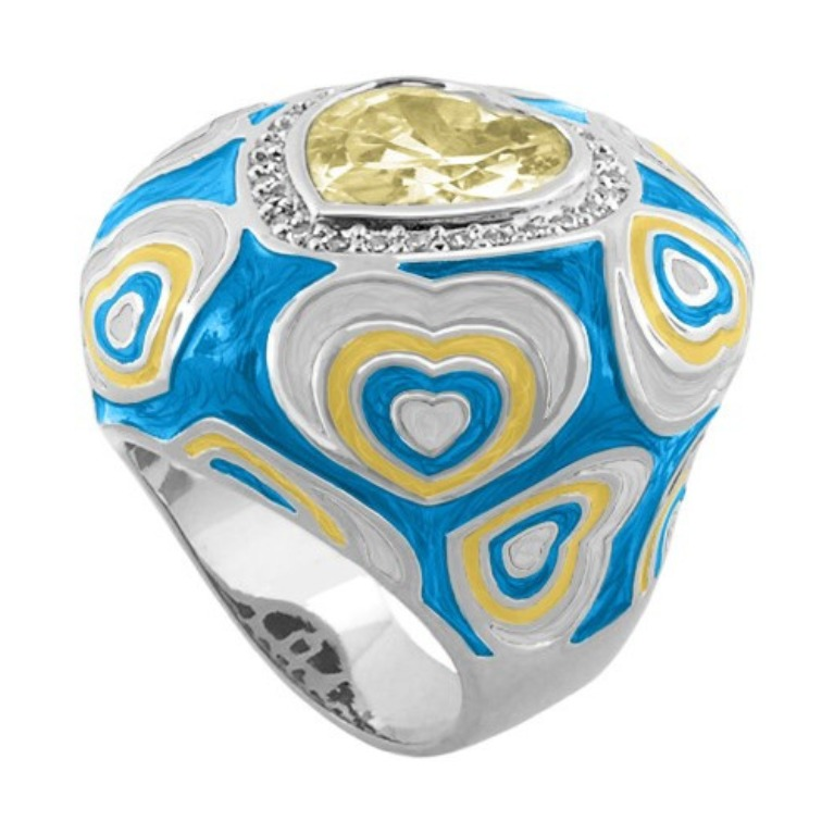 Retro Hearts Ring silver cocktail ring with blue enamel heart motifs and yellow accents on Tampa Home & Garden Store