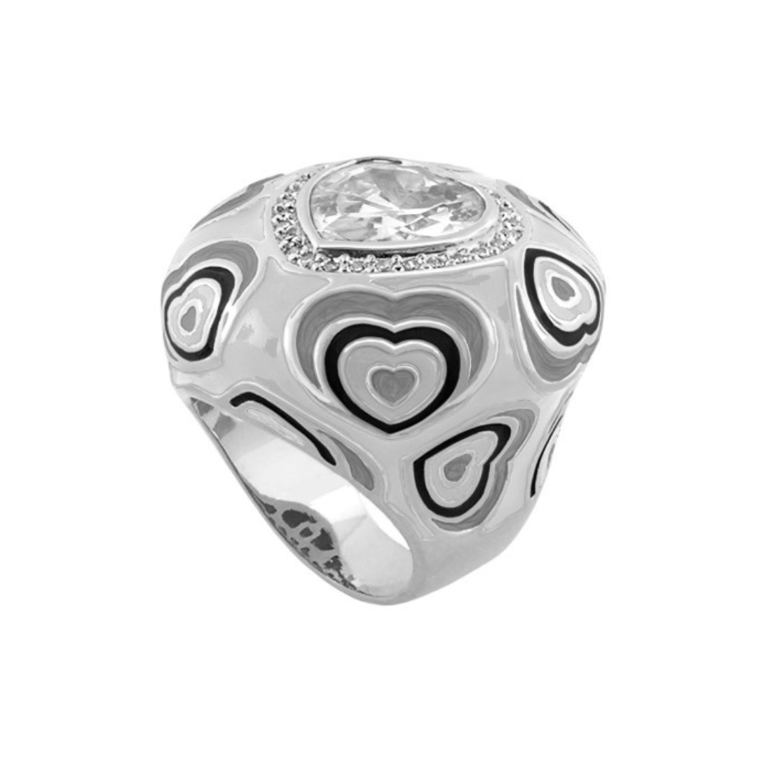 Retro Hearts Ring by Lauren G Adams, silver cocktail ring with heart motifs and crystal halo on Tampa Home & Garden Store