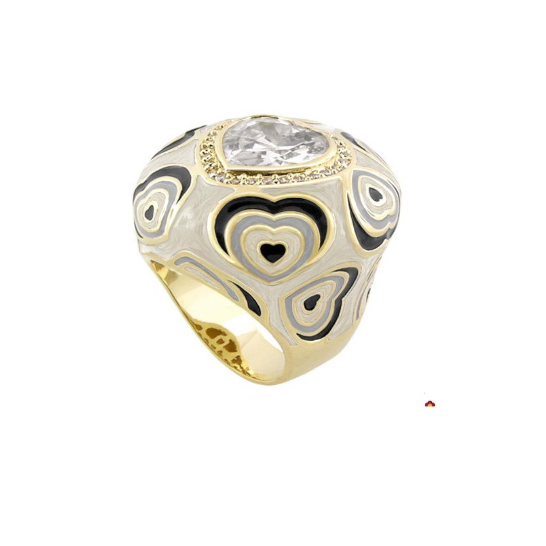 Retro Hearts Ring gold-tone cocktail ring with gray enamel heart motifs and a clear center stone on Tampa Home & Garden Store
