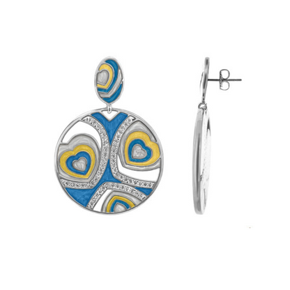 Retro Hearts enamel earring, blue circular piece with yellow heart accents, Lauren G Adams on Tampa Home & Garden Store