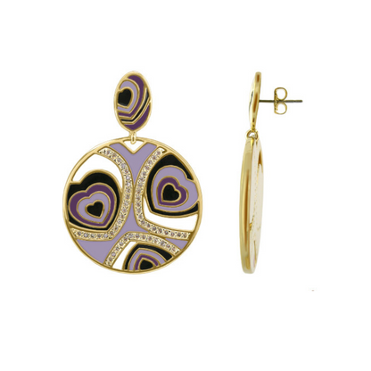 Retro Hearts enamel earring by Lauren G Adams, gold-tone circular drop purple lilac hearts on Tampa Home & Garden Store