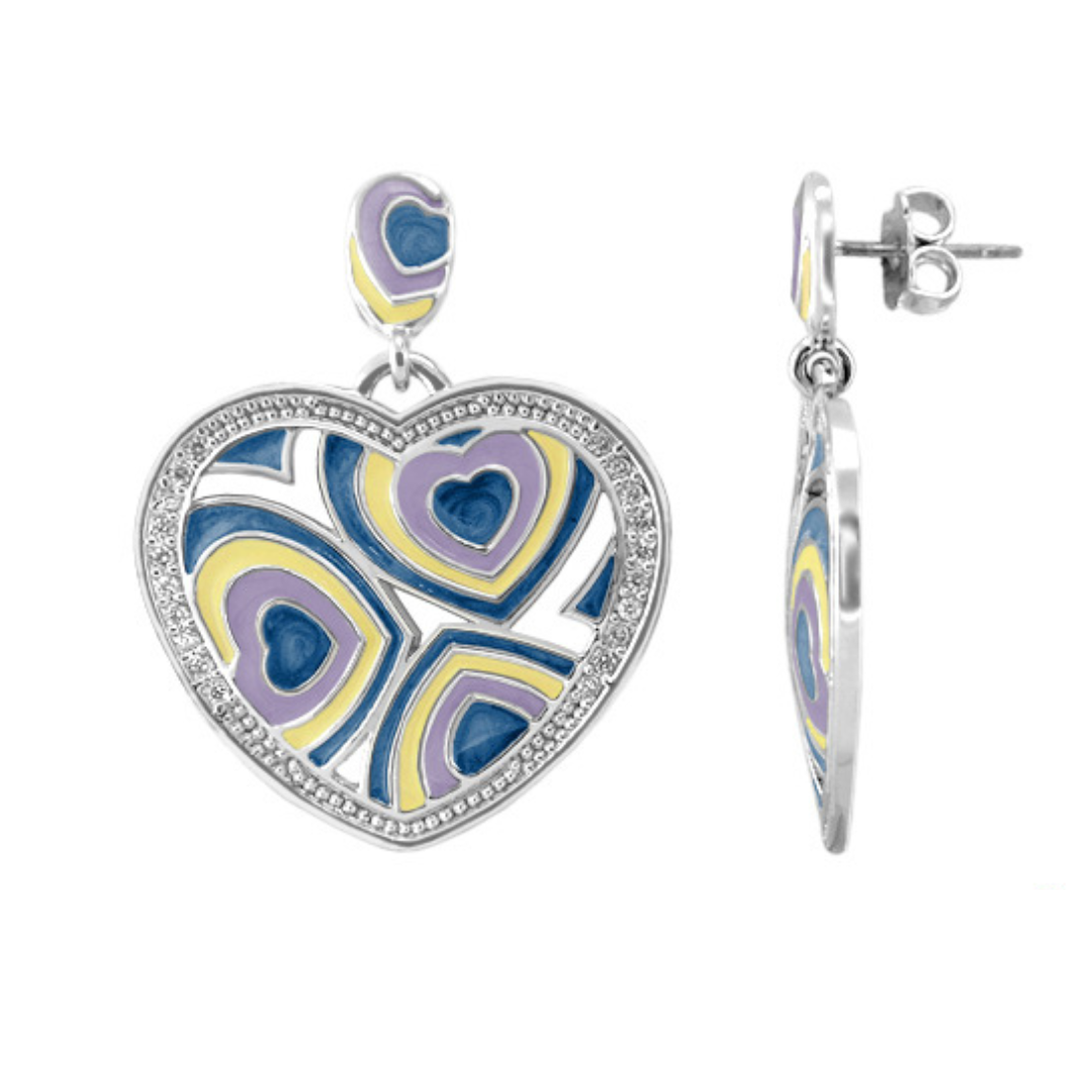 Retro Hearts enamel earring by Lauren G Adams with multicolor hearts and crystal rim on Tampa Home & Garden Store
