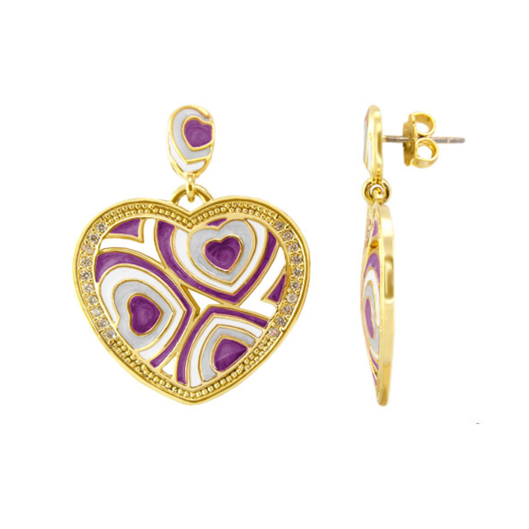 Retro Hearts enamel earrings by Lauren G Adams, gold-tone with purple and white heart pattern on Tampa Home & Garden Store