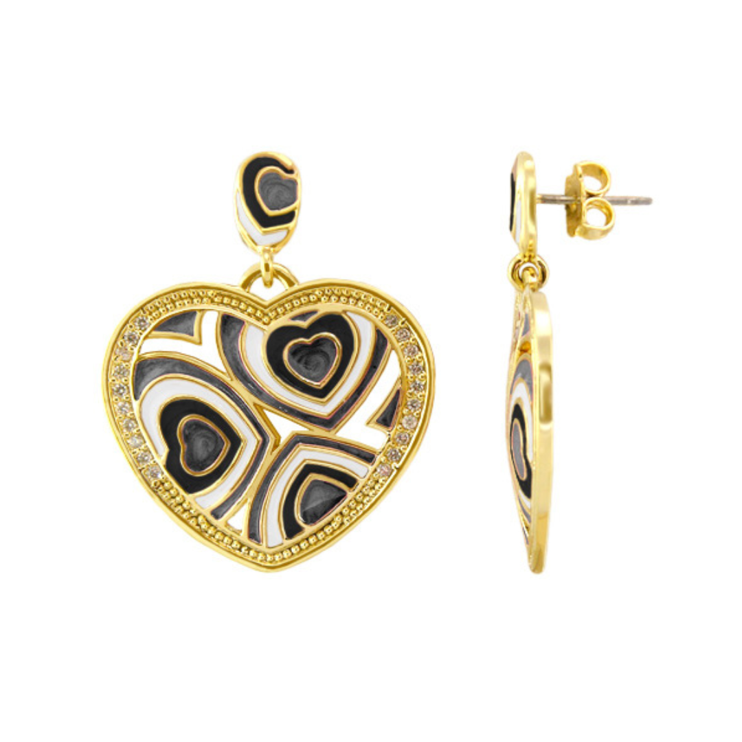 Retro Hearts enamel earrings by Lauren G Adams, gold-tone hearts with black and white swirl on Tampa Home & Garden Store