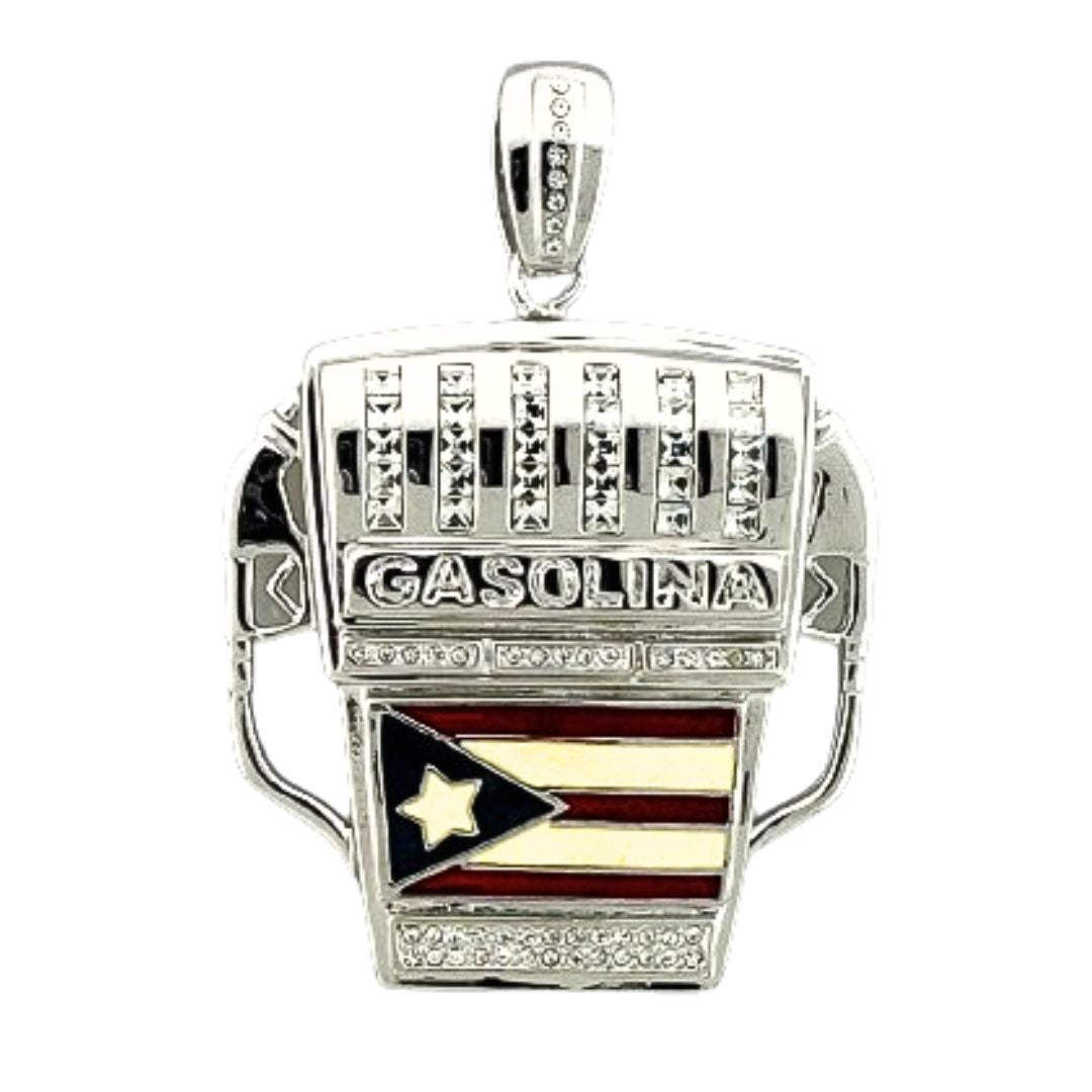 Pendant charm gas pump by Lauren G Adams, silver tone with GASOLINA and Puerto Rico flag enamel on Tampa Home & Garden Store