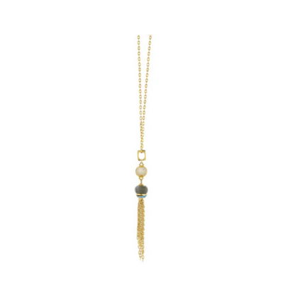 Blue Dream Necklace by Lauren G Adams, gold-tone chain with white and gray bead accents and tassel on Tampa Home & Garden Store