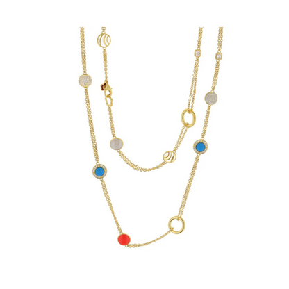 Caribbean Waters Long Necklace by Lauren G Adams with gold-tone chain and blue/red enamel beads on Tampa Home & Garden Store