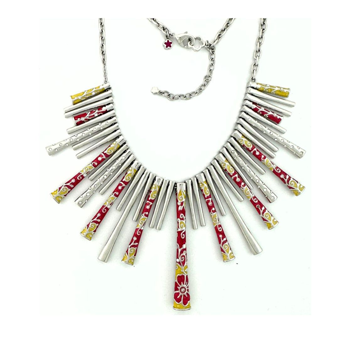 Daisy Swirl Necklace by Lauren G Adams, silver bar pendants with red and yellow enamel on Tampa Home & Garden Store