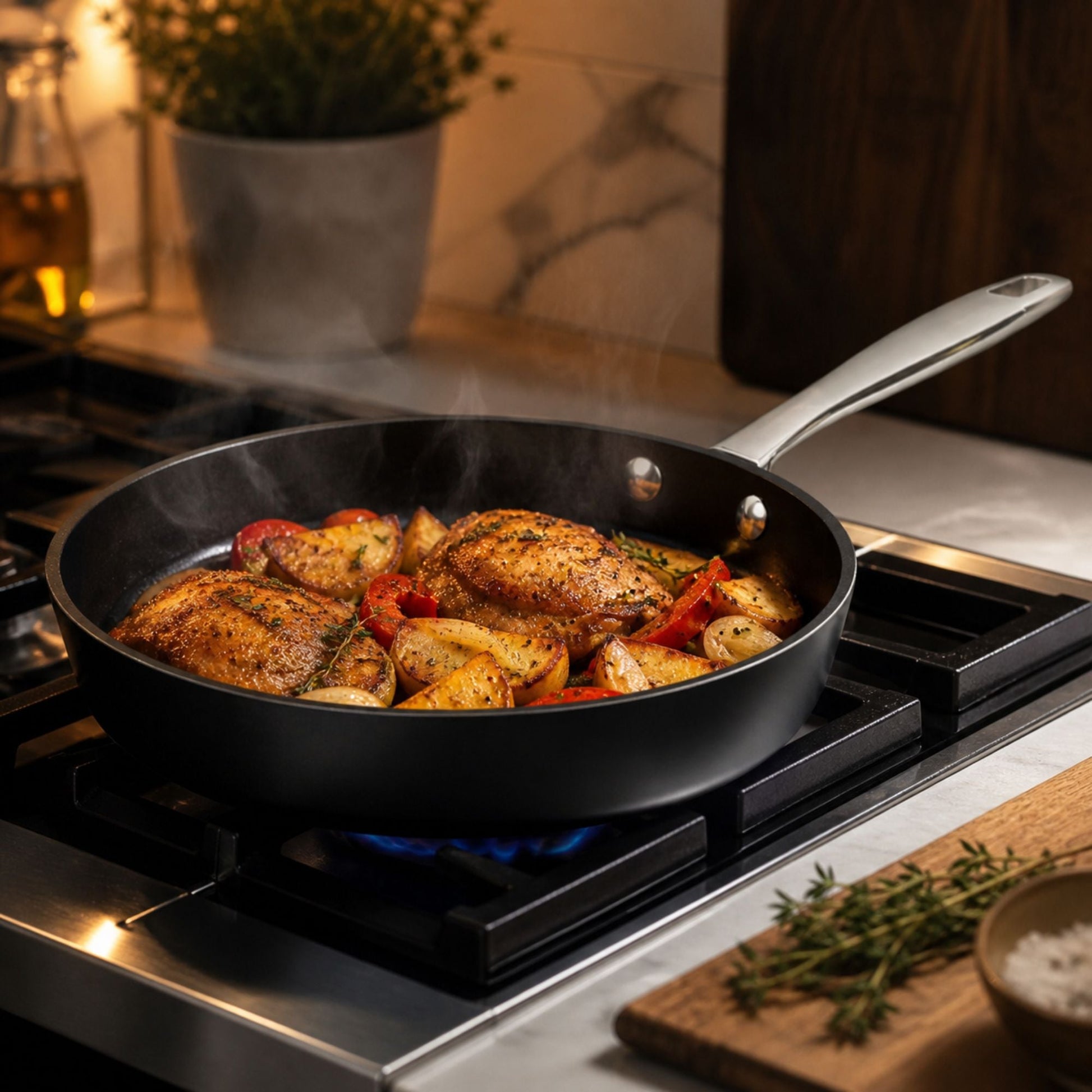 Alva Ceramic Nonstick Cookware Set black frying pan with roasted vegetables on stove on Tampa Home & Garden Store