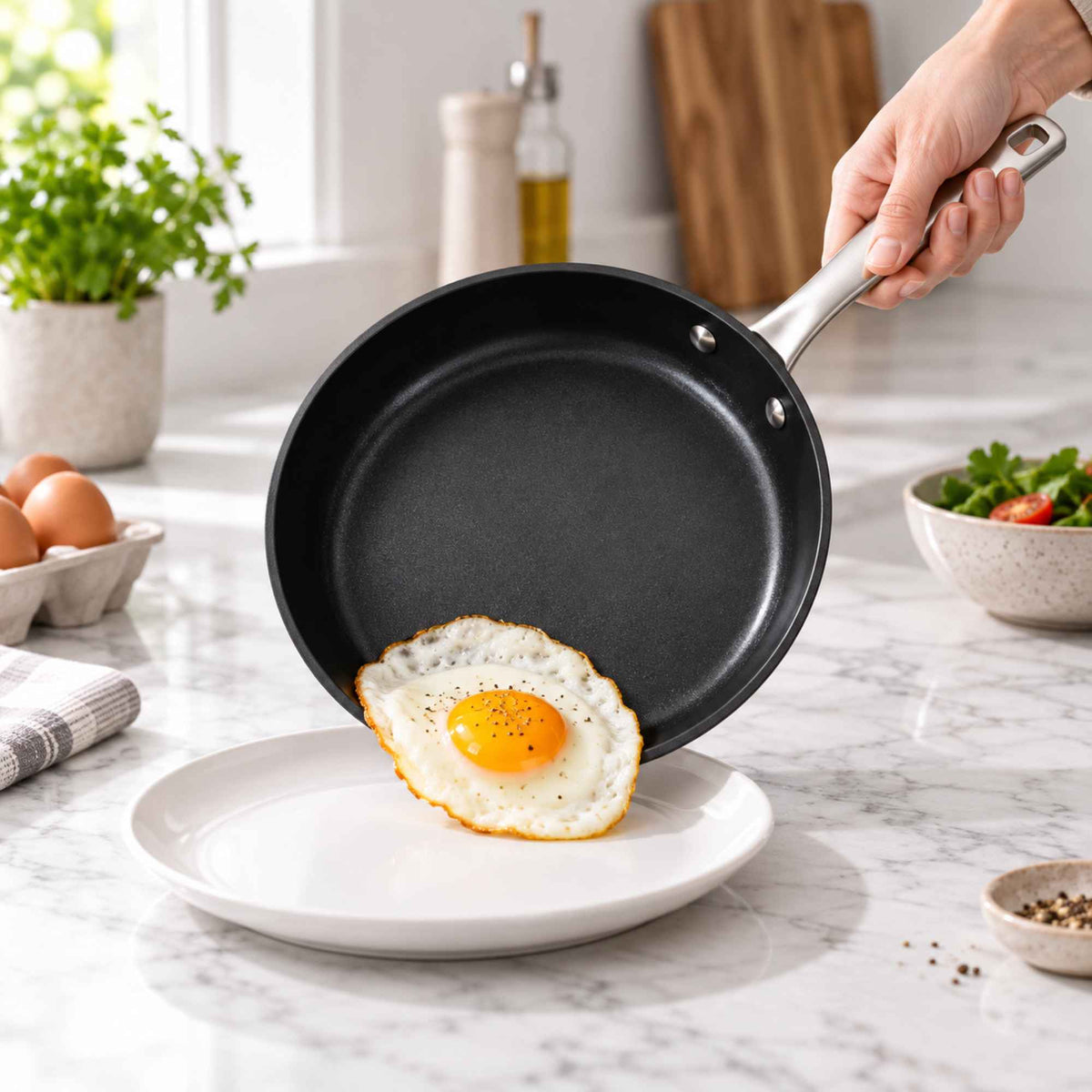 Alva Ceramic Nonstick Pancake Pan, black interior, stainless steel handle, eggs frying on Tampa Home & Garden Store