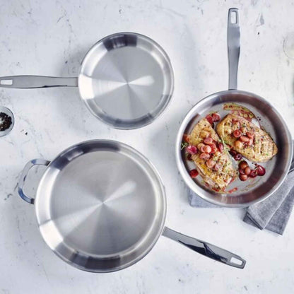 Alva Cookware 14-piece 5-ply stainless steel cookware set, top-down view on marble surface on Tampa Home & Garden Store