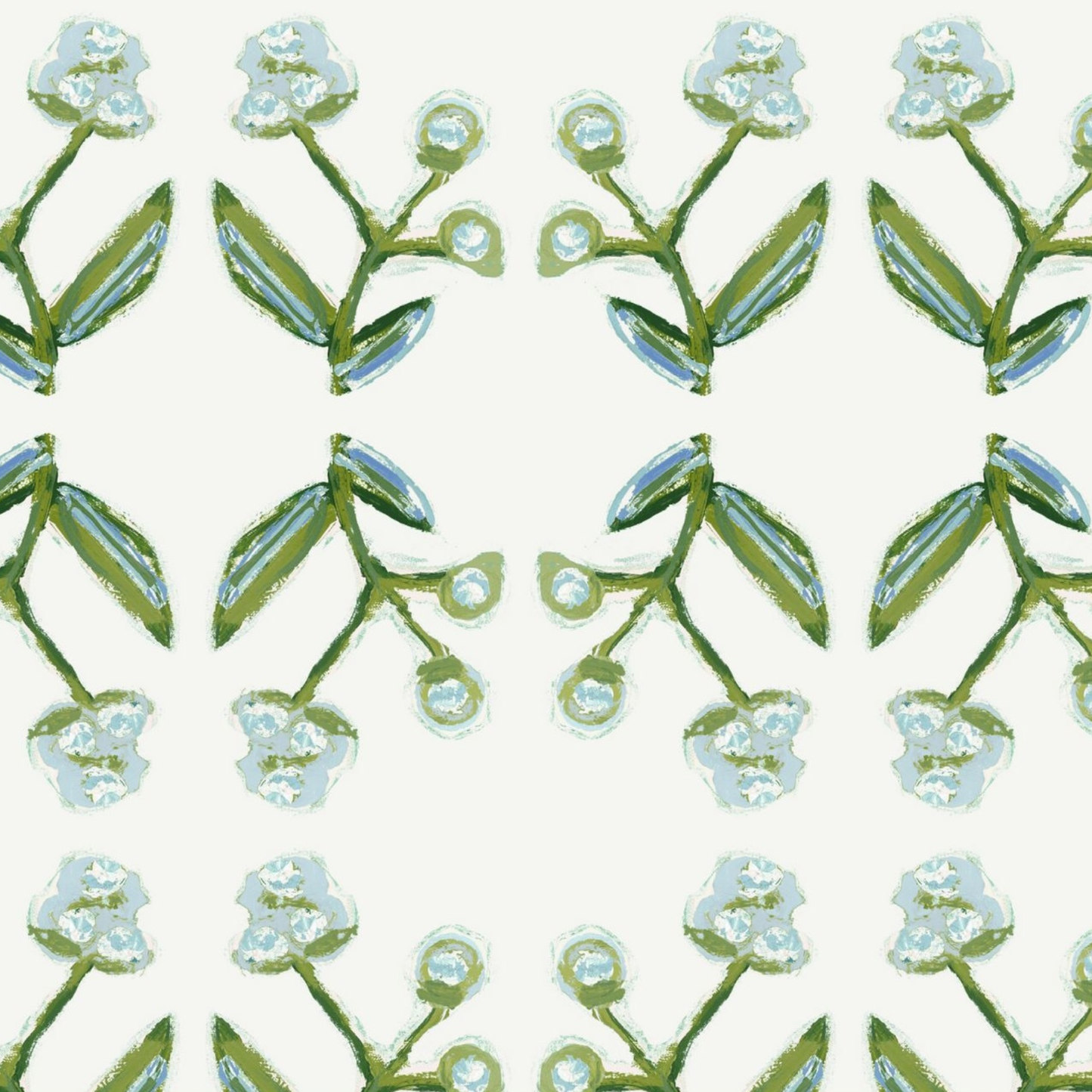 Antonia Wallpaper blue and green repeat pattern with botanical stems by Erin Donahue Tice on Tampa Home & Garden Store