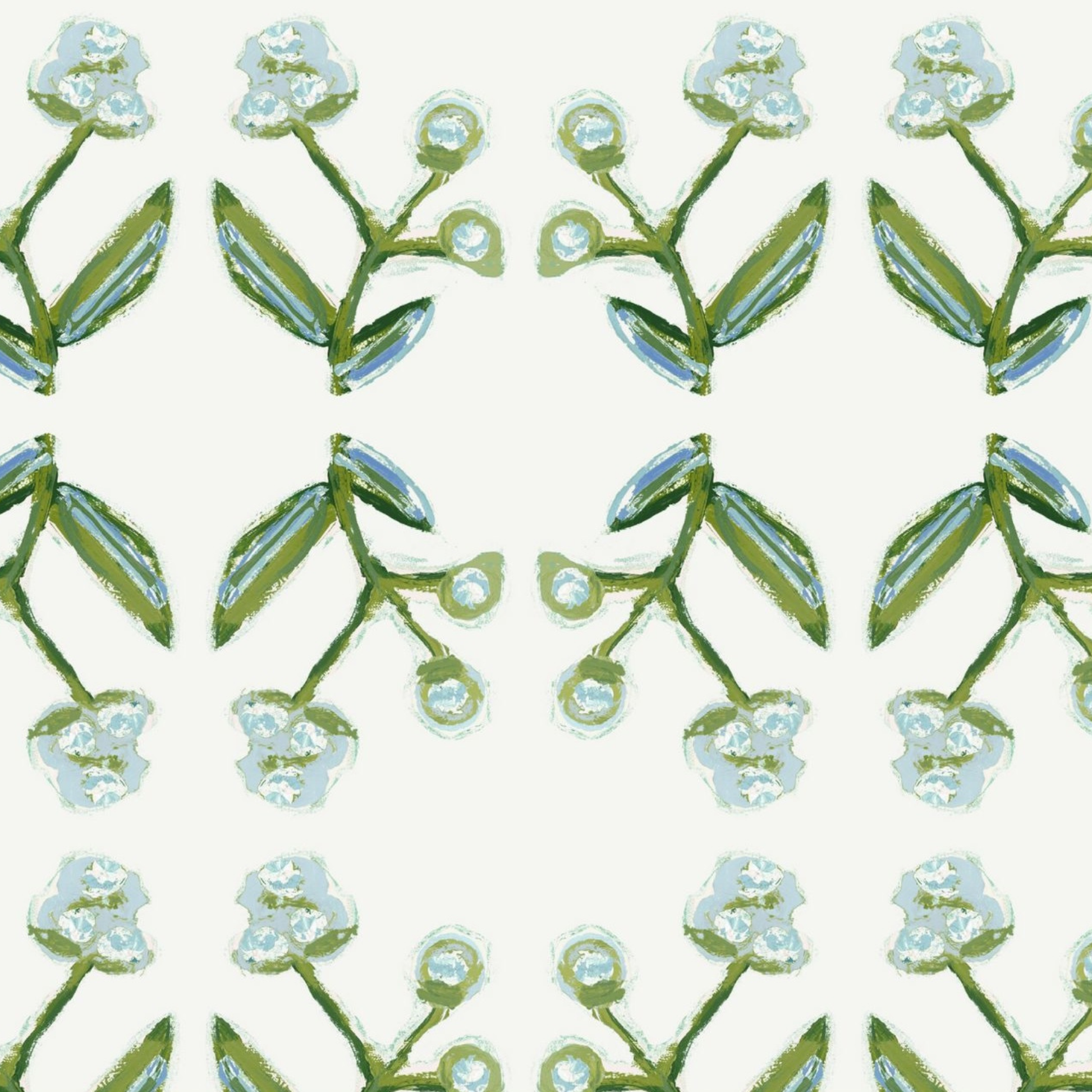 Antonia Wallpaper blue and green repeat pattern with botanical stems by Erin Donahue Tice on Tampa Home & Garden Store