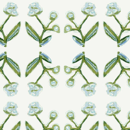 Antonia Wallpaper blue and green repeat pattern with botanical stems by Erin Donahue Tice on Tampa Home & Garden Store
